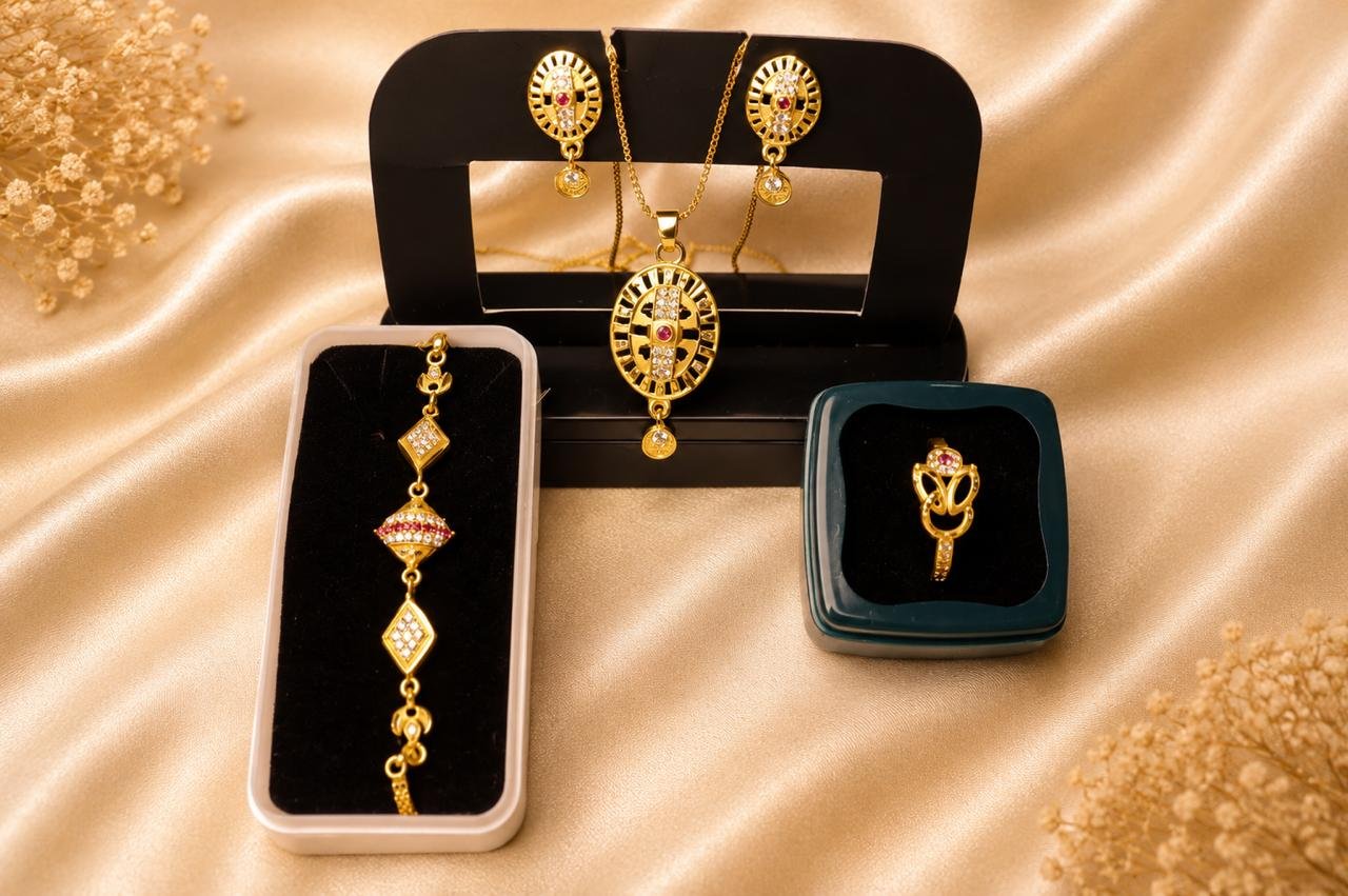 Royal Oval Gold Plated 4-in-1 Jewellery Combo Set | Pendant Set, Ring, Matching Earrings & Designer Bracelet for Women and Girls