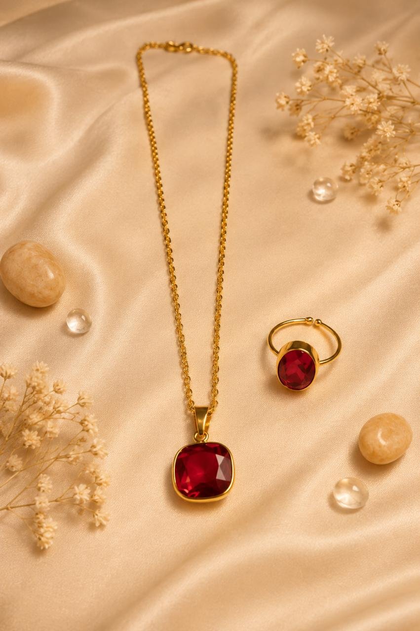 Ruby Radiance Red and Yellow Crystal Gold Plated Pendant Necklace with Ring